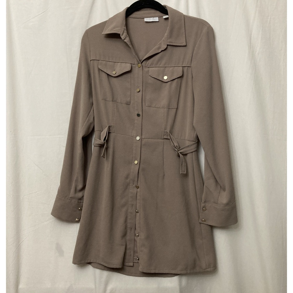 NY & Company Stretch Taupe‎ Crepe Long Sleeve Button-Up Shirt Dress - SZ XS